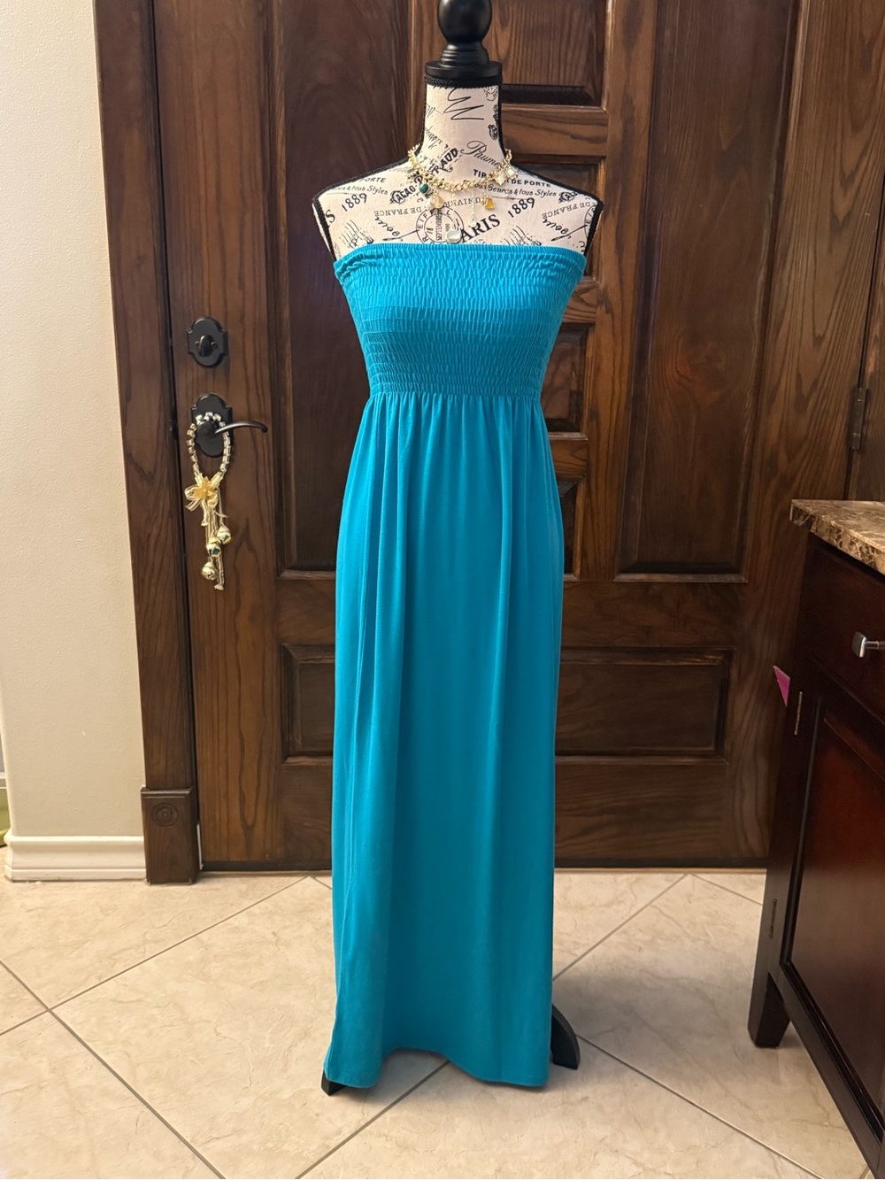 feathers Strapless Smocked Maxi Dress - Turquoise Blue